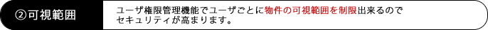 ユーザ権限管理機能でユーザごとに物件の可視範囲を制限出来るのでセキュリティが高まります。